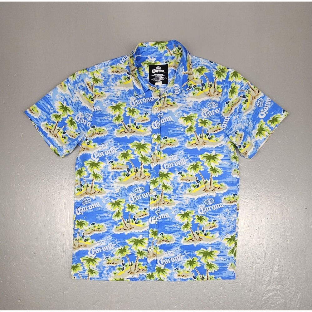 Corona Beer Button Up Shirt Mens Medium Blue Hawaiian Beach Palm Casual‎ Aloha